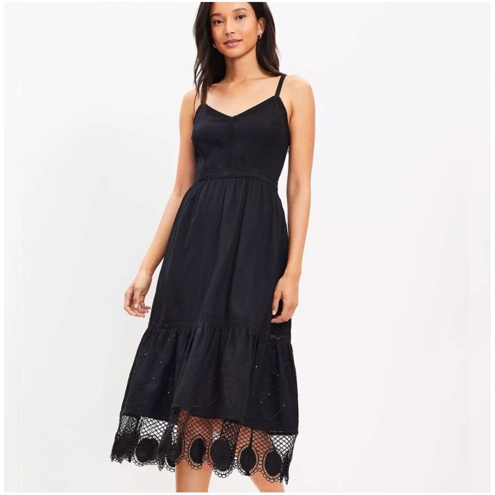 Loft Size 16 Midi Dress‎ Black Linen Blend Eyelet Crochet Lace Trim NWT Sundress